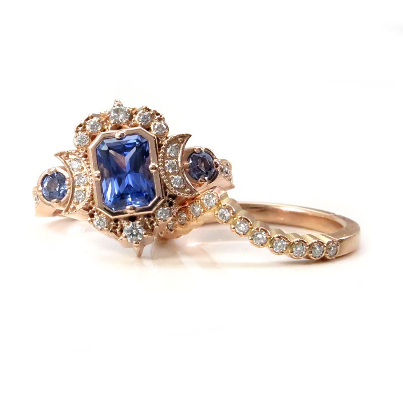 Chatham Sapphire Selene Celestial Engagement Ring Set - Diamonds and Emerald Cut Blue Chatham Sapphires - 14k Rose Gold