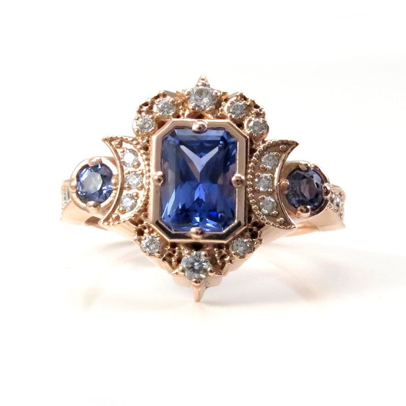 Chatham Sapphire Radiant Selene Triple Moon Engagement Ring - Diamonds and Radiant Cut Blue Chatham Sapphires - 14k Rose Gold
