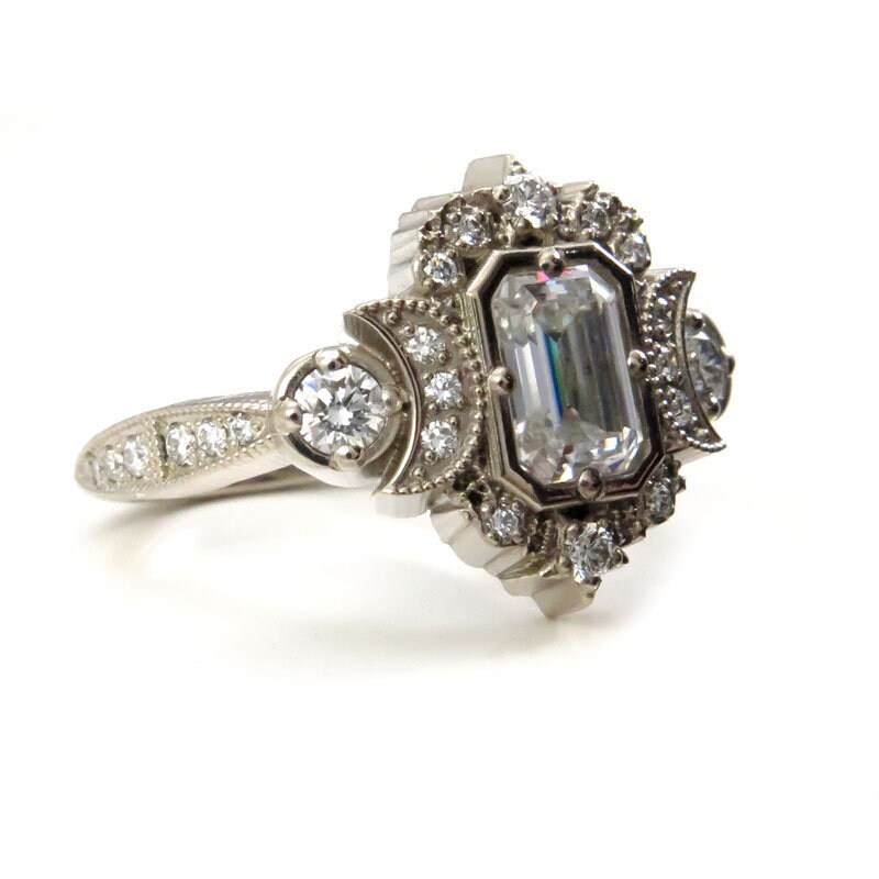 Step Cut Moissanite Selene Engagement Ring Set - Moissanite, Diamonds & 14k Palladium White Gold Boho Fine Jewelry