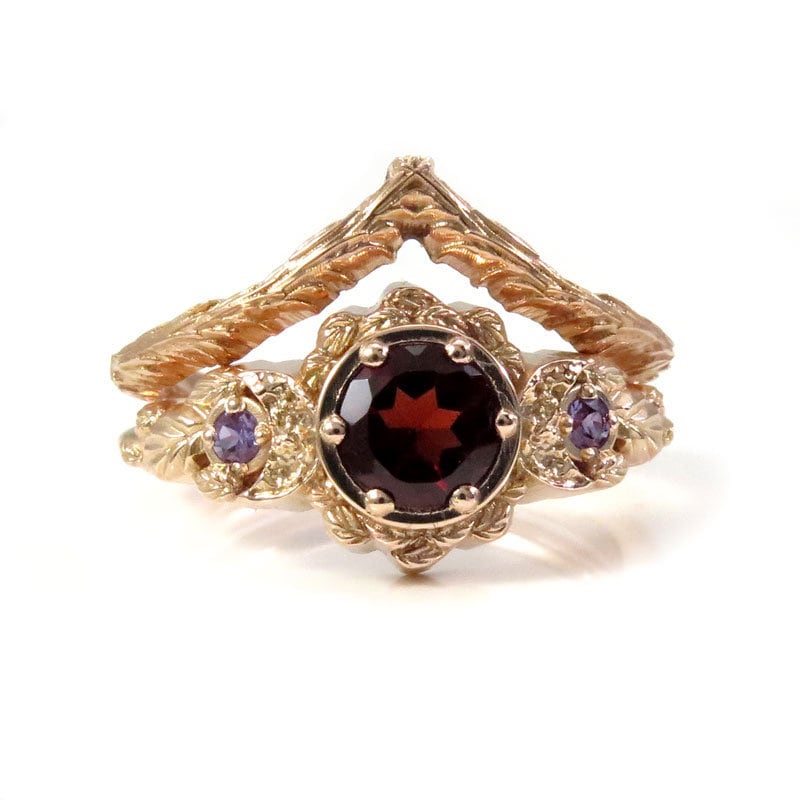 Load image into Gallery viewer, Red Garnet &amp;amp; Chatham Alexandrite Leafy Moon Ring  and Forest Chevron - 14k Rose Gold - Nature Wedding Ring Sets

