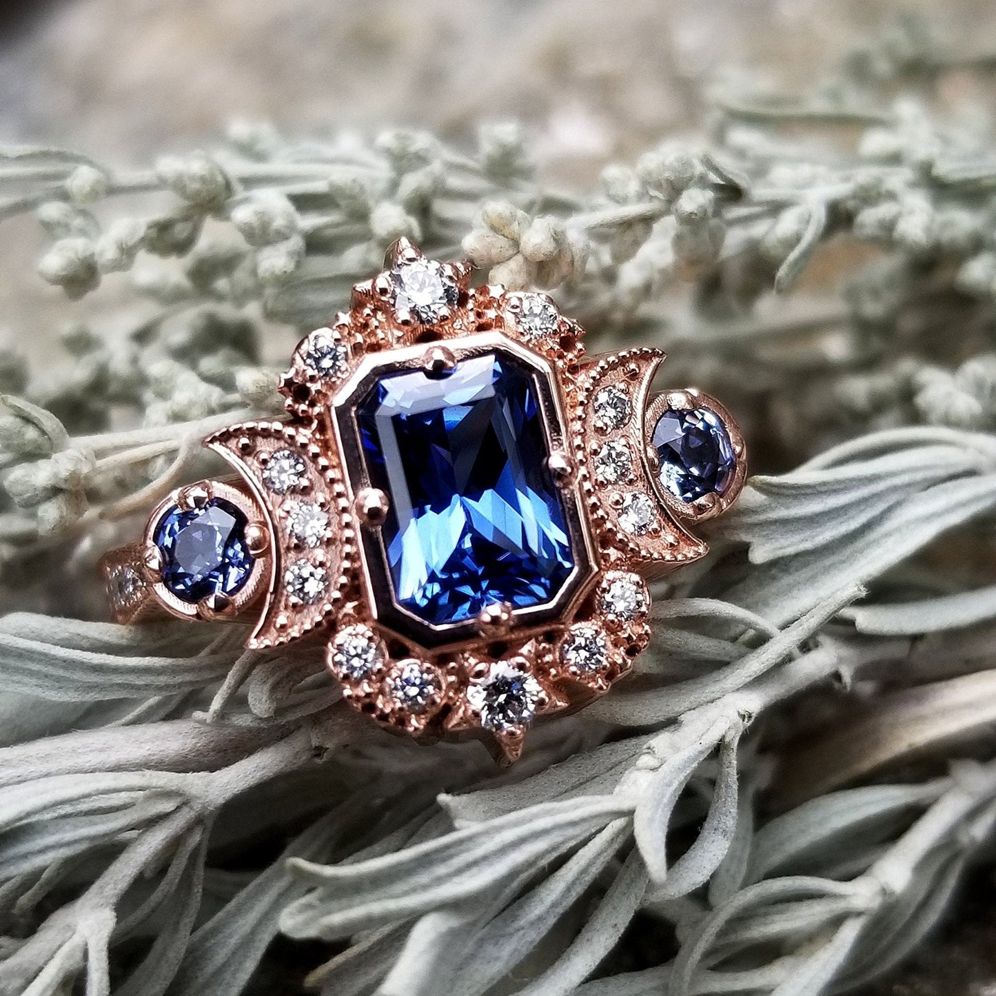 Radiant Blue Sapphire Selene Crescent Moon Engagement Ring - Diamonds and Blue Chatham Sapphires - 14k Palladium White Gold