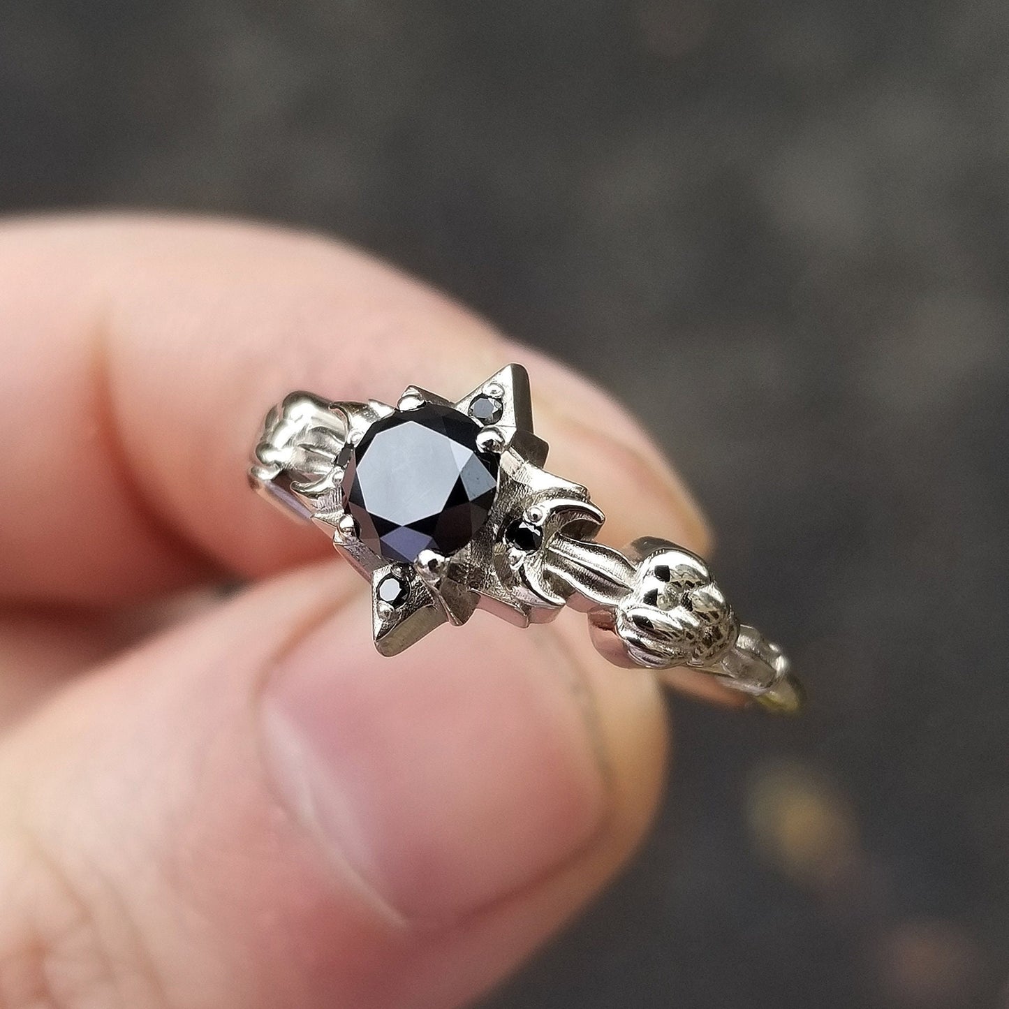 Celestial Black Diamond Engagement Ring - Moon, Star and Clouds - 14k Palladium White Gold Gothic Fine Jewelry