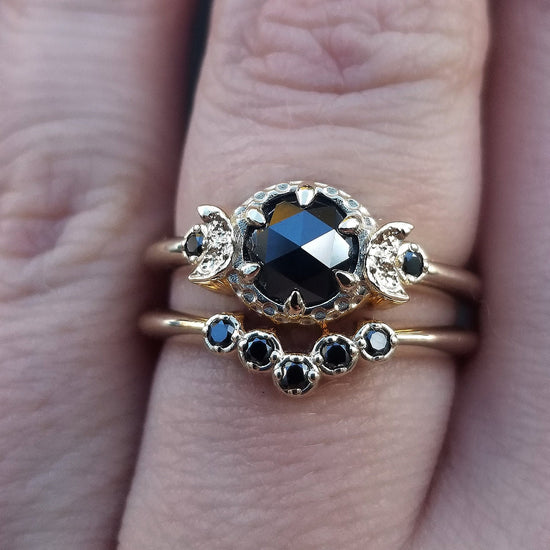 Rose Cut Black Diamond or Black Spinel Triple Moon Engagement  - Gothic Yellow Gold Wedding Ring Set