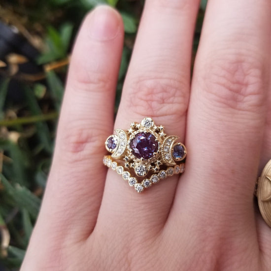 Load image into Gallery viewer, Wedding Ring Set - Chatham Alexandrite Cosmos Gold Moon Engagement Ring Set - Moon &amp;amp; Star Celestial Wedding Rings
