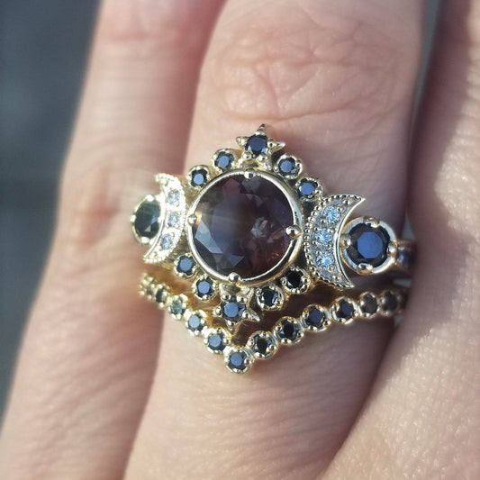 Ready to Ship Size 6 - 8  Gothic Selene Moon Engagement Ring Set - Oregon Sunstone with Black and White Diamonds - 14k Yellow Gold