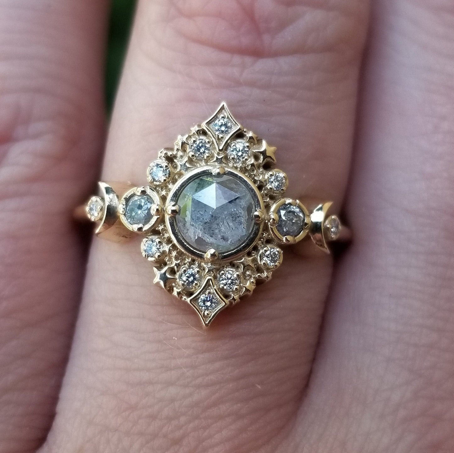 Galaxie Lunar Engagement Ring - 14k Gold - Pick your Salt & Pepper Diamond - Boho Moon Wedding Ring