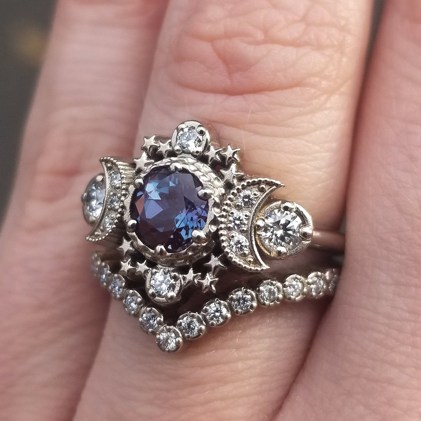 Load image into Gallery viewer, Alexandrite Bridal Set Cosmos White Gold Moon Engagement Ring - Natural Diamond Crescent and Stardust Fine Unique Jewelry Wedding Ring Set
