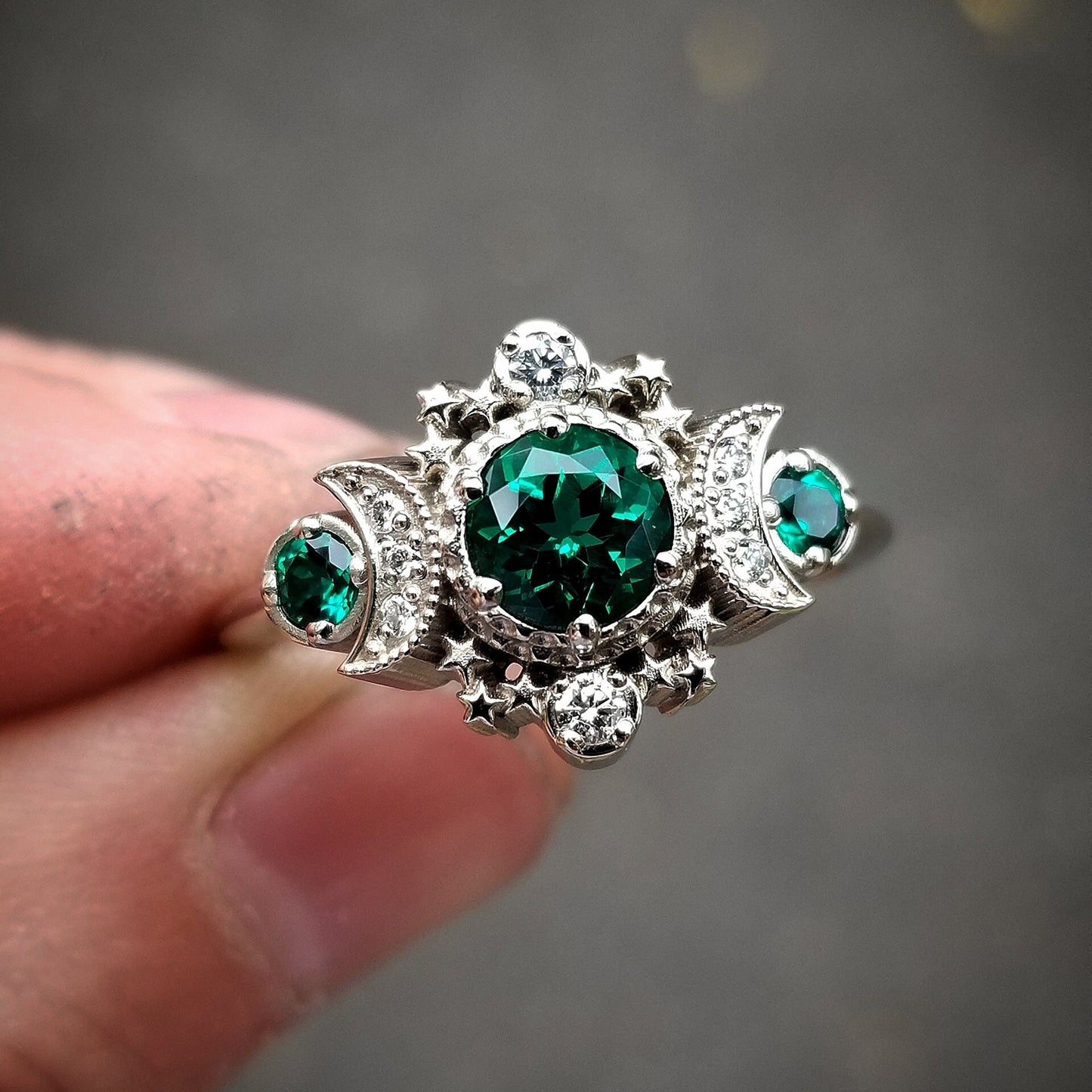 Chatham Emerald & Diamond Cosmos Moon Engagement Ring - Rose, Yellow or Palladium White Gold - Boho Moon Phase Jewelry