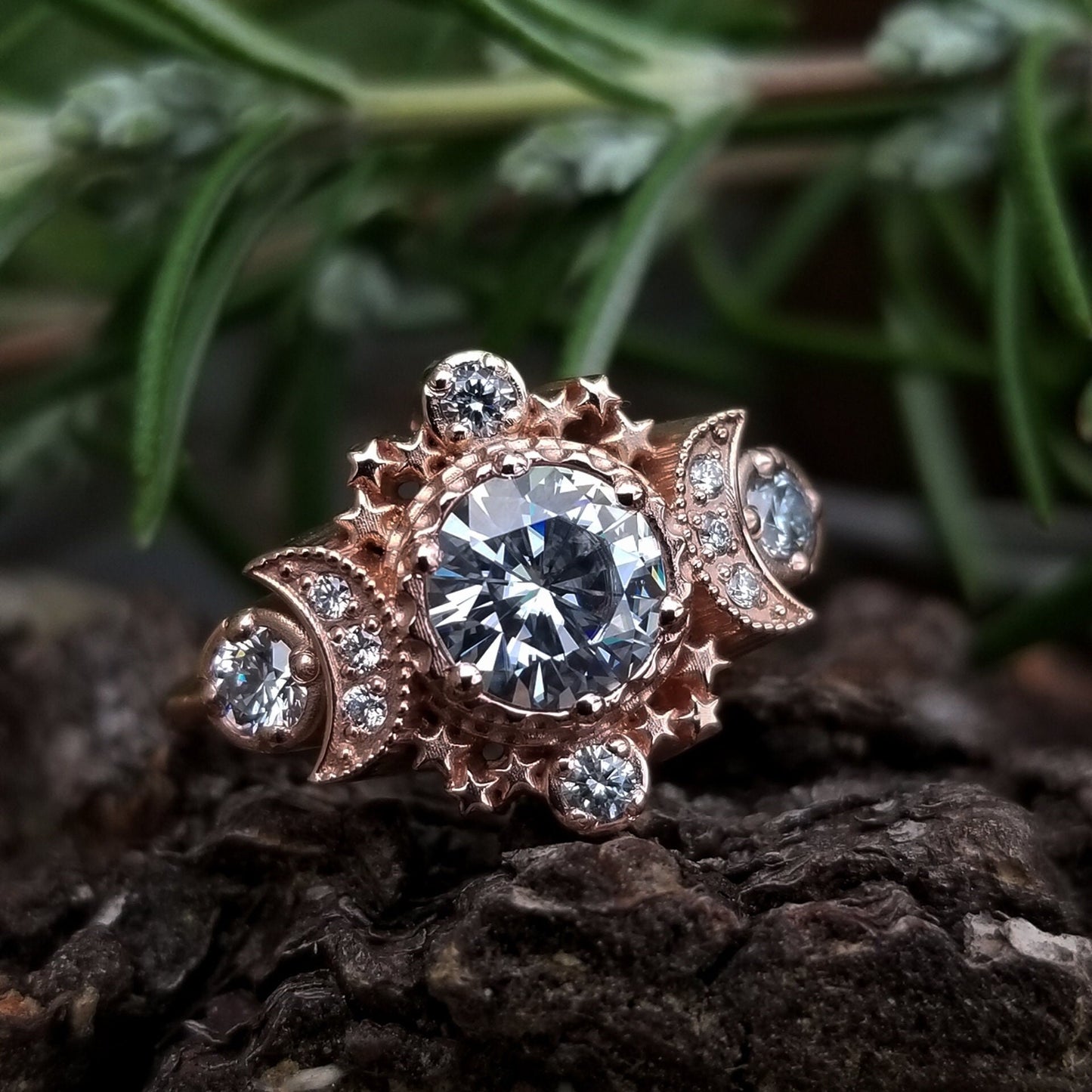 Cosmos Diamond Moon Ring Celestial Engagement - Moissanite or Diamonds Wedding Ring - Pick your Center Stone - Handcrafted Fine Jewelry