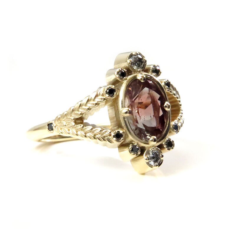 Load image into Gallery viewer, Ready to Ship Size 6 - 8 - Oval Oregon Sunstone and Sage Split Shank Ring with Salt &amp;amp; Pepper and Black Diamonds - 14k Yellow Gold
