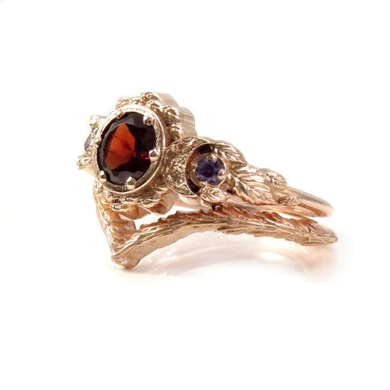 Load image into Gallery viewer, Red Garnet &amp;amp; Chatham Alexandrite Leafy Moon Ring  and Forest Chevron - 14k Rose Gold - Nature Wedding Ring Sets

