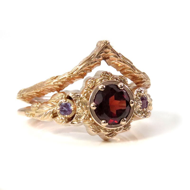 Red Garnet & Chatham Alexandrite Leafy Moon Ring  and Forest Chevron - 14k Rose Gold - Nature Wedding Ring Sets