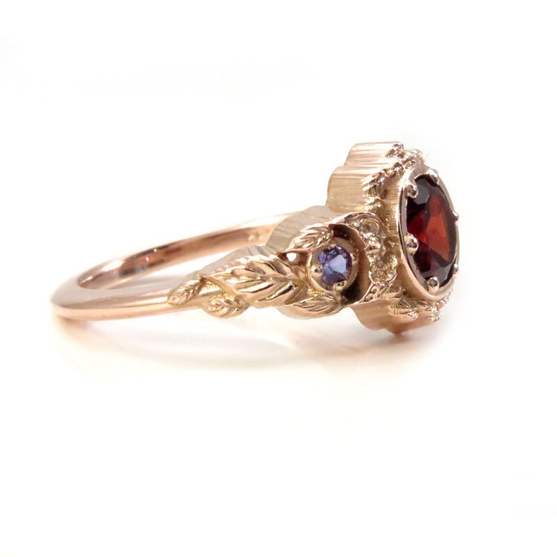 Red Garnet & Chatham Alexandrite Leafy Moon Ring - 14k Rose Gold - Nature Inspired Engagement Rings