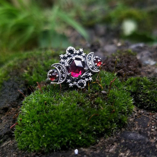Ready to Ship Size 6 - 8  - Garnet Cosmos Moon Engagement Ring Set Triple Moon Goddess Silver Ring with  Stardust Chevron Wedding Band