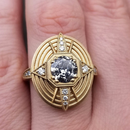 Load image into Gallery viewer, Ready to Ship Size 6 - 8 - Art Deco Compass Rose Ring with Salt &amp;amp; Pepper Diamond Center and White Diamonds - Sandblasted 14k Yellow Gold
