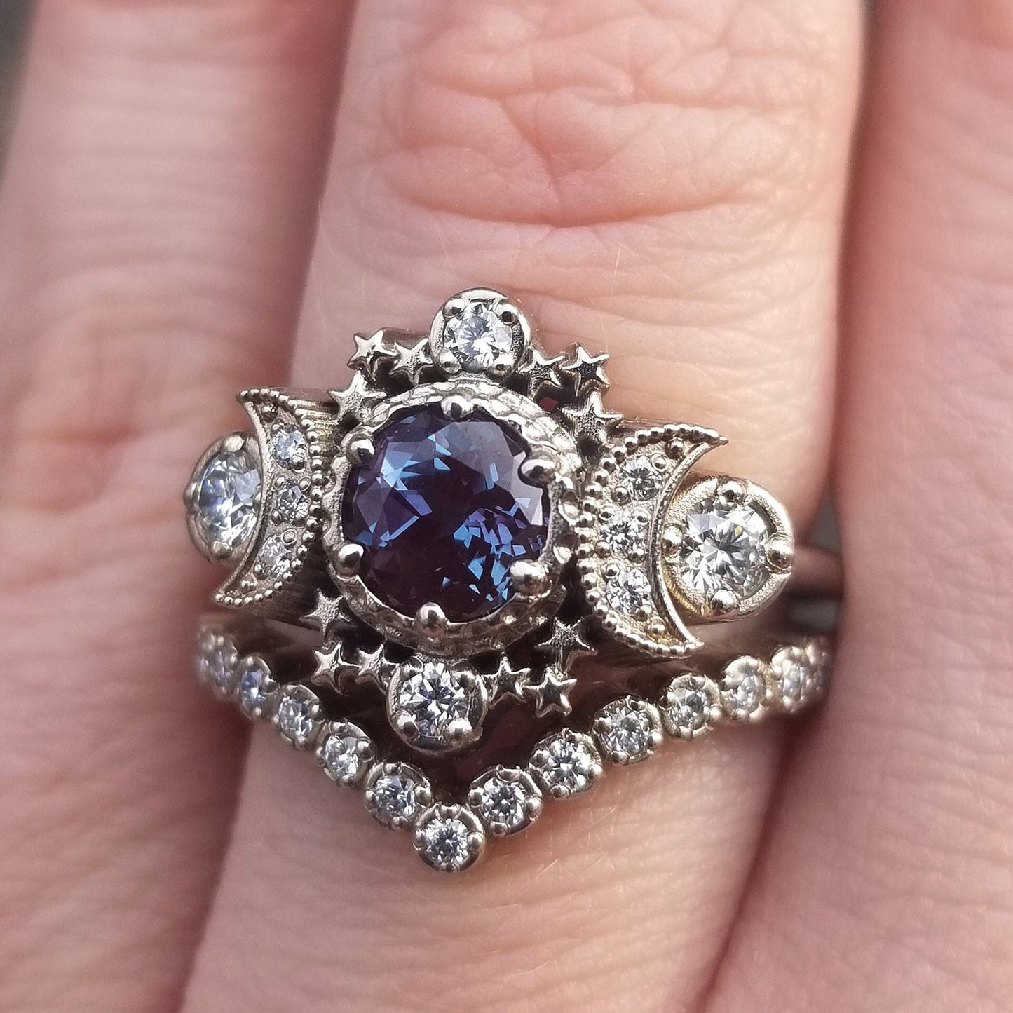 Alexandrite Bridal Set Cosmos White Gold Moon Engagement Ring - Natural Diamond Crescent and Stardust Fine Unique Jewelry Wedding Ring Set