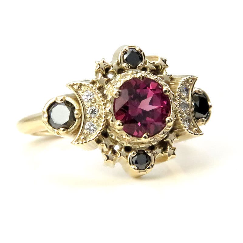Rhodolite Garnet & Black and White Diamond Cosmos Moon Engagement Ring - Gothic Engagement Ring