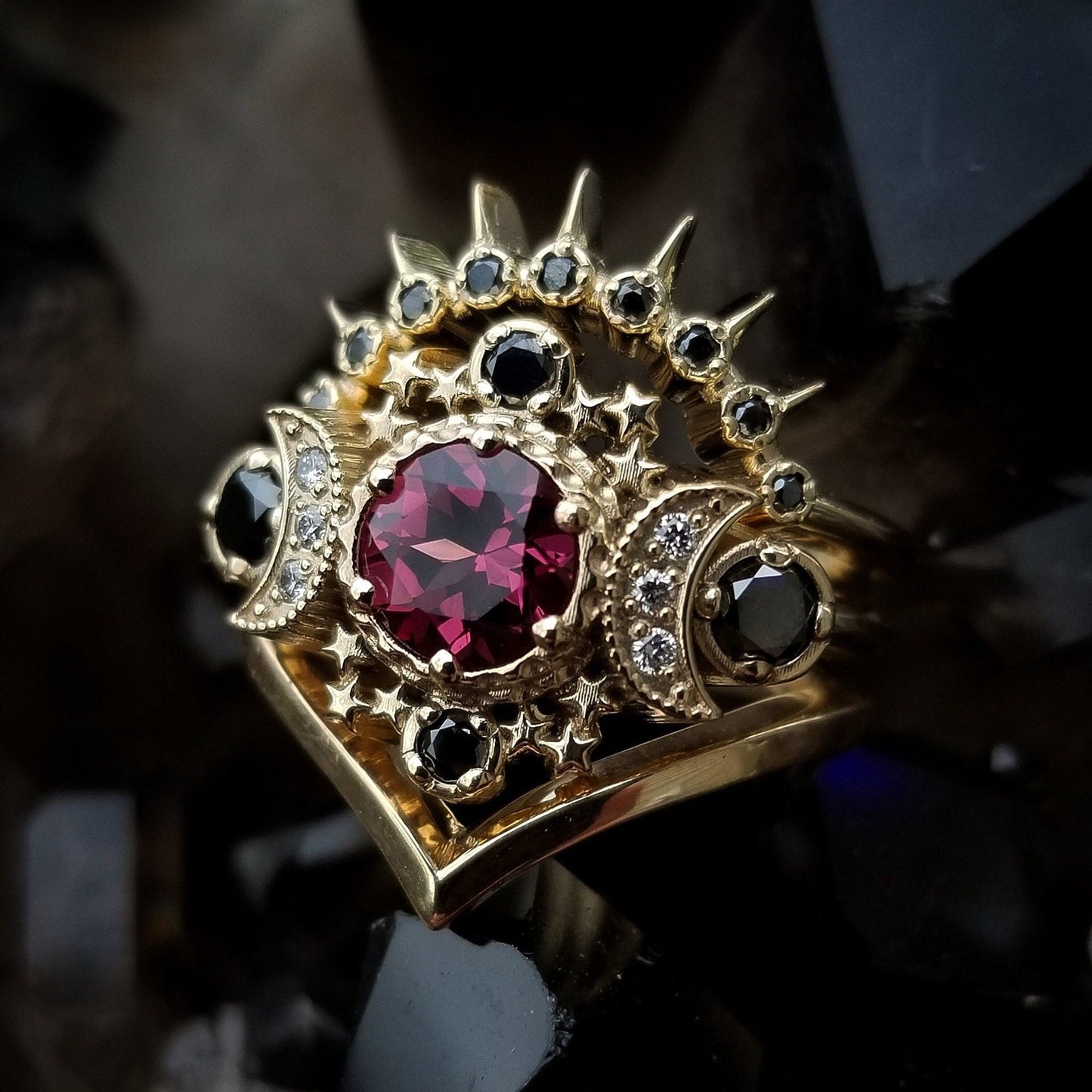 Cosmos Moon and Stars Engagement Ring 3 Ring Set with Rhodolite Garnet & Diamonds - Gothic Gold Wedding Set