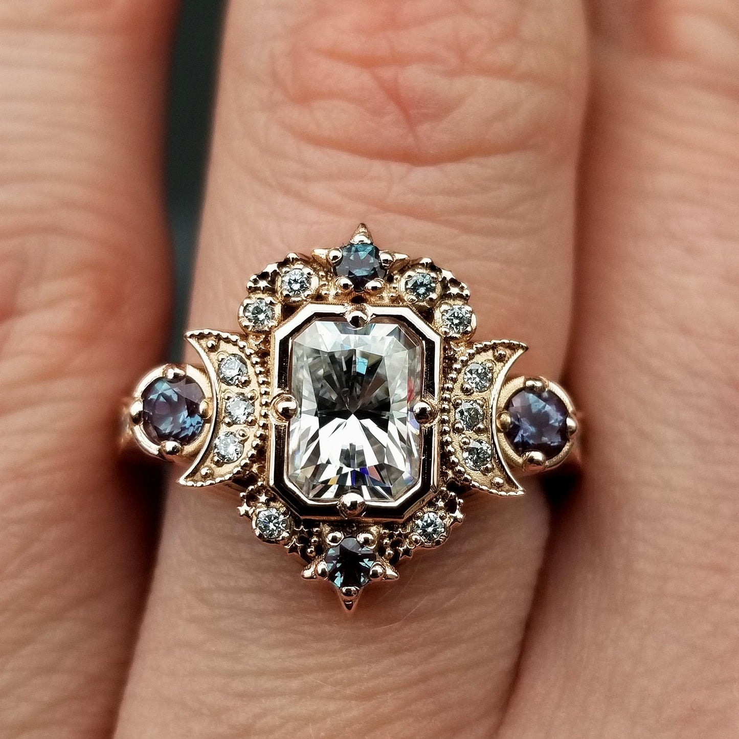 Radiant Selene Moon Goddess Engagement Ring - Moissanite , Diamond and Chatham Alexandrite - 14k Rose Gold - Celestial Bohemian