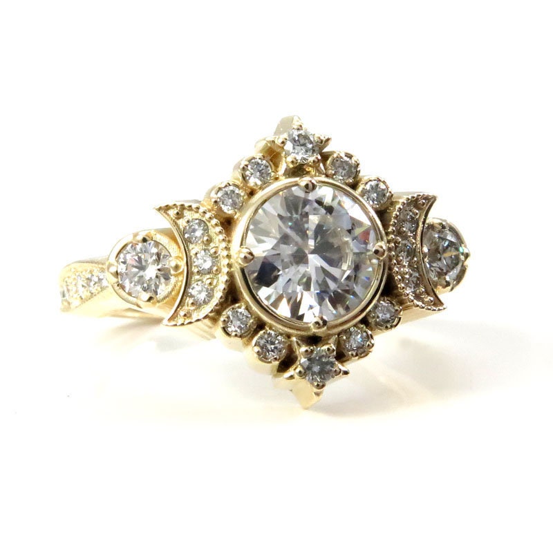 Ready to Ship Size 6 - 8 - Selene Moon Engagement Ring Set - 7mm Moissanite & Diamonds with Lotus Diamond Wedding Band - 14k Yellow Gold
