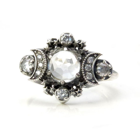Cosmos Triple Moon Engagement Ring Set Silver Moon & Stars Chevron Wedding Band -  White Topaz and White Diamonds - Sunray Crown Ring