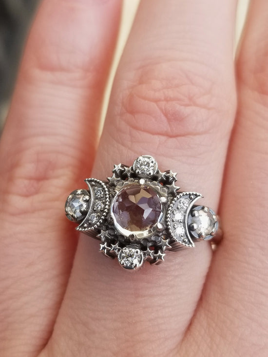 Load image into Gallery viewer, Ready to Ship Size 6 - 8 - Cosmos Triple Moon Engagement Ring Set Silver Moon &amp;amp; Stars Chevron Wedding Band -  White Topaz and White Diamonds
