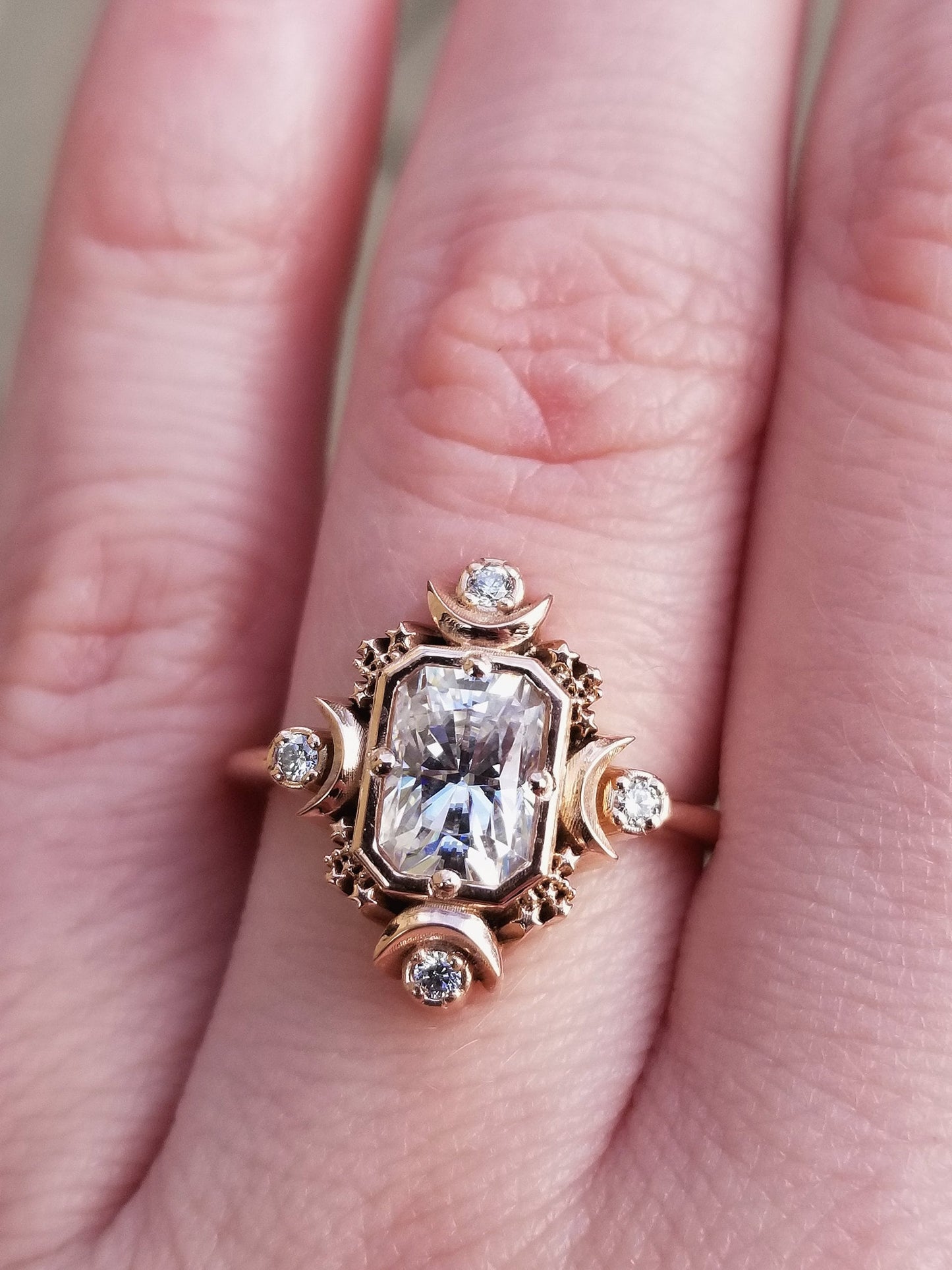 Emerald Cut Artemis Moon Engagement Ring with Radiant Cut Moissanite - Celestial Goddess Engagement