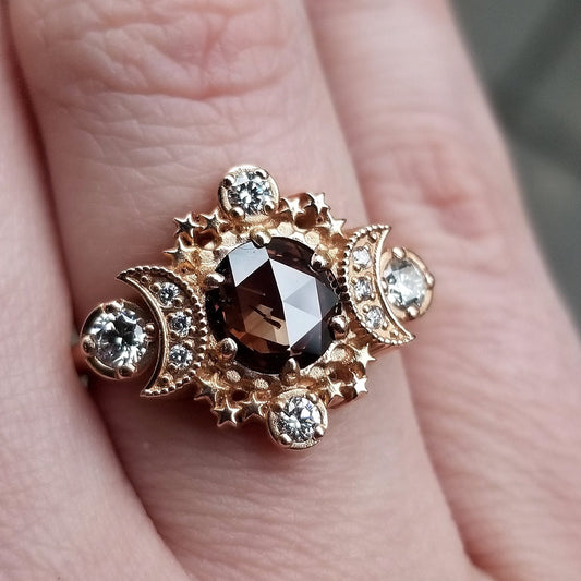 Ready to Ship Size 6 - 8 -  Rose Cut Champagne Diamond Cosmos Engagement Ring with White Diamonds - 14k Rose Gold - OOAK