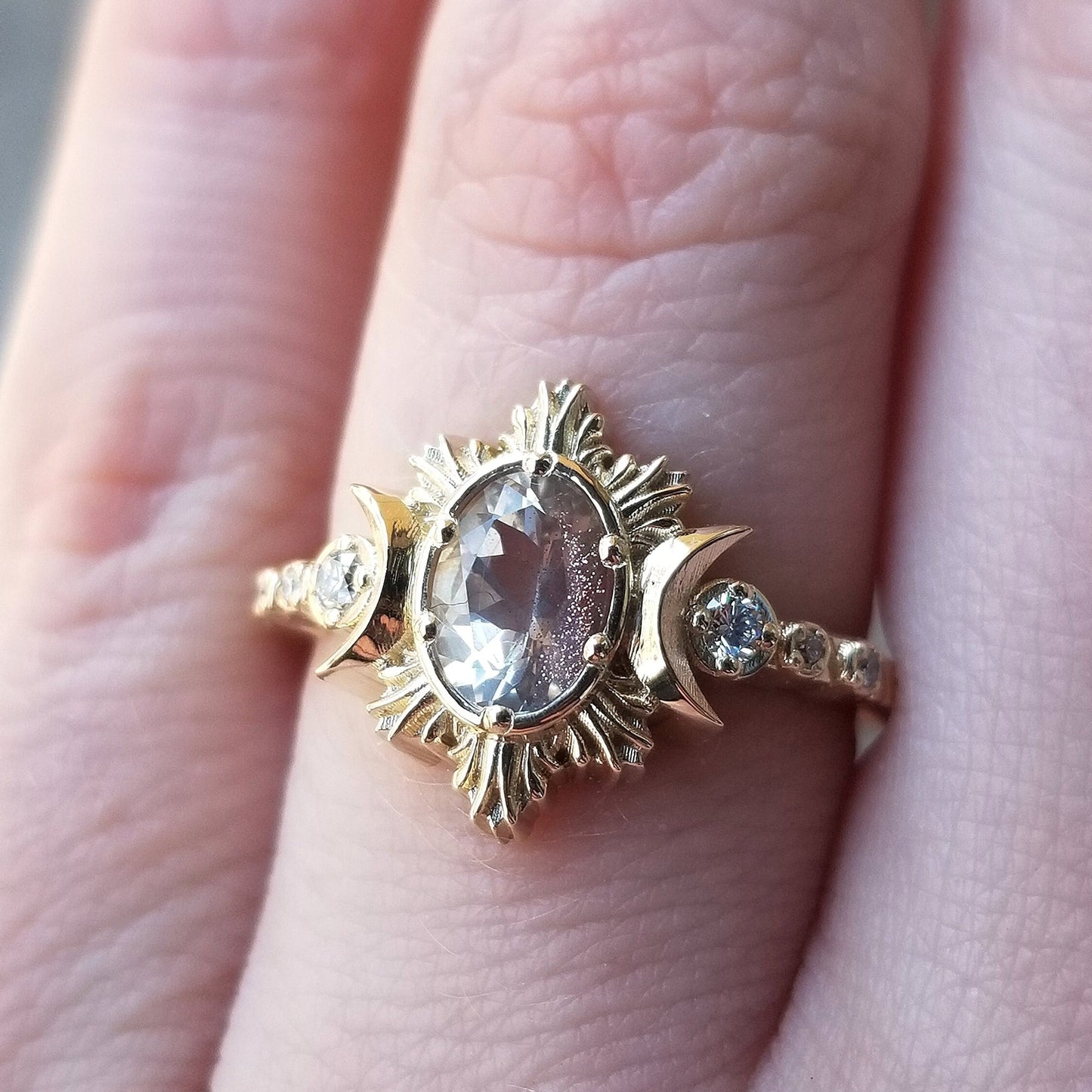 Oregon Sunstone Oval Moonfire Engagement Ring with Forest Chevron and Sunray Ring - 14k Yellow Gold - Pick your Sunstone