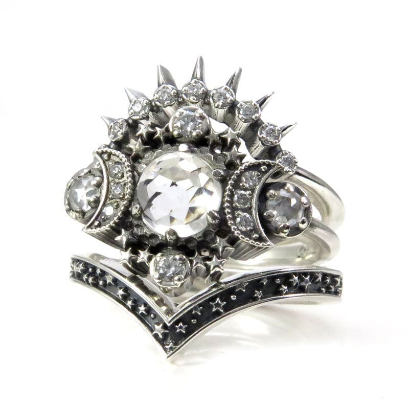 Cosmos Triple Moon Engagement Ring Set Silver Moon & Stars Chevron Wedding Band -  White Topaz and White Diamonds - Sunray Crown Ring