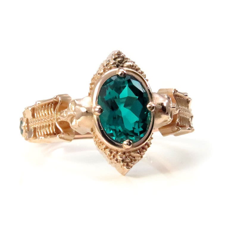 Gothic Emerald Skeleton Engagement Ring- 14k Rose Gold - Catacomb Collection Wedding Ring - Chatham Gems