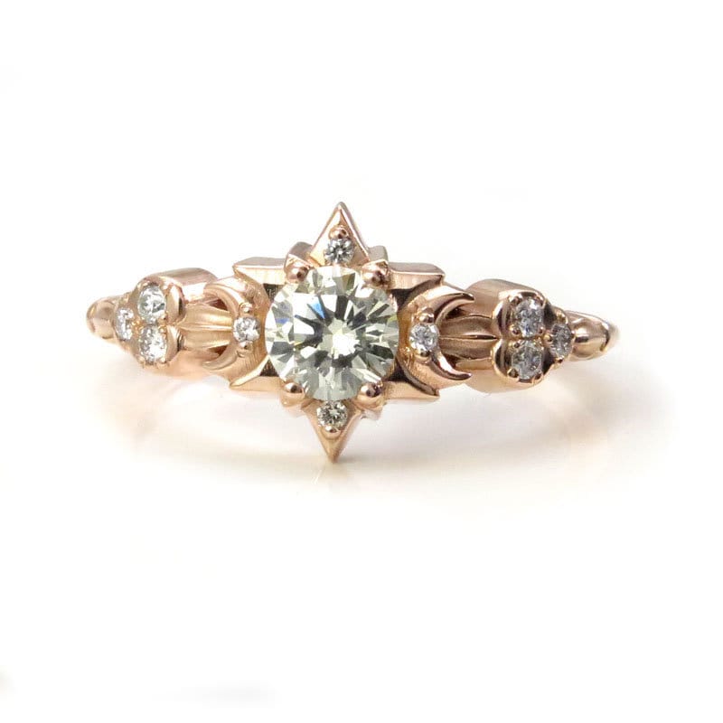 Celestial Engagement Ring - Stars Clouds and Crescent Moons - Pick Your Center Stone - Custom Modern Lunar Diamond Gold Ring
