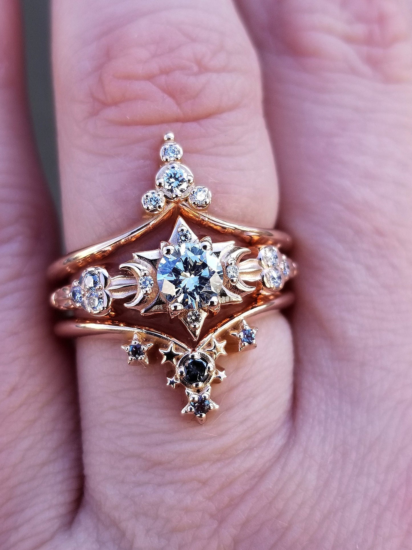 Ready to Ship Size 6 - 8 - Celestial Engagement Ring - Stars Clouds and Crescent Moons - Modern Lunar Diamond Gold Ring