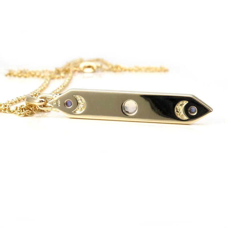 14k Yellow Gold and Moonstone Moon Phase Bar Pendant with Alexandrite - Lunar Bohemian Necklace