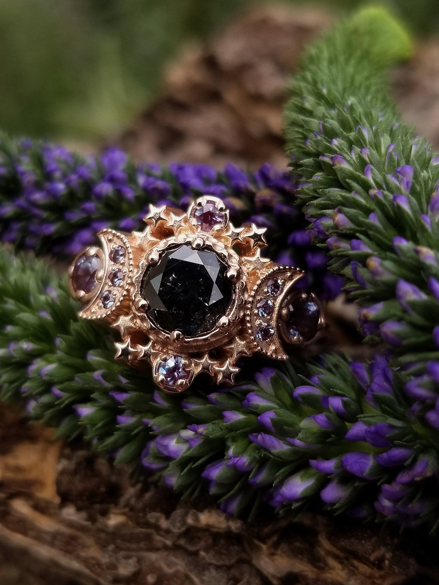 Ready to Ship Size 6 - 8 - Natural Black Diamond Cosmos Moon Engagement Ring Set with Alexandrite - Starseed Chevron Band - 14k Rose Gold