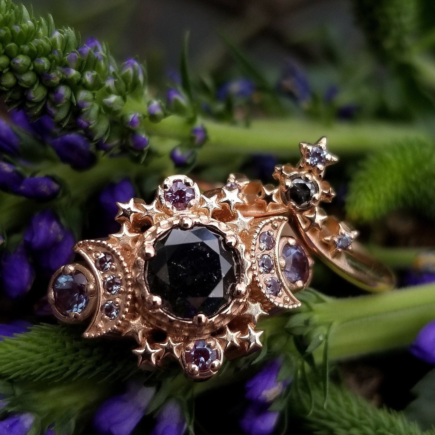 Ready to Ship Size 6 - 8 - Natural Black Diamond Cosmos Moon Engagement Ring Set with Alexandrite - Starseed Chevron Band - 14k Rose Gold