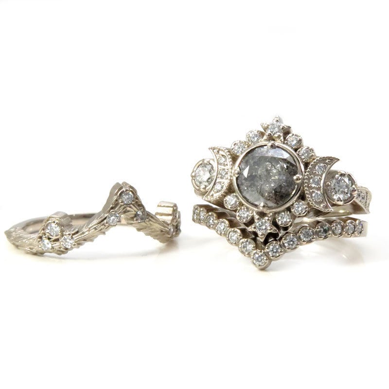 Load image into Gallery viewer, Ready to Ship Size 6.5 - 8 - Selene Moon Goddess Ring - Natural Galaxy Diamond with White Diamonds - 14k Palladium White Gold - Pave Chevron
