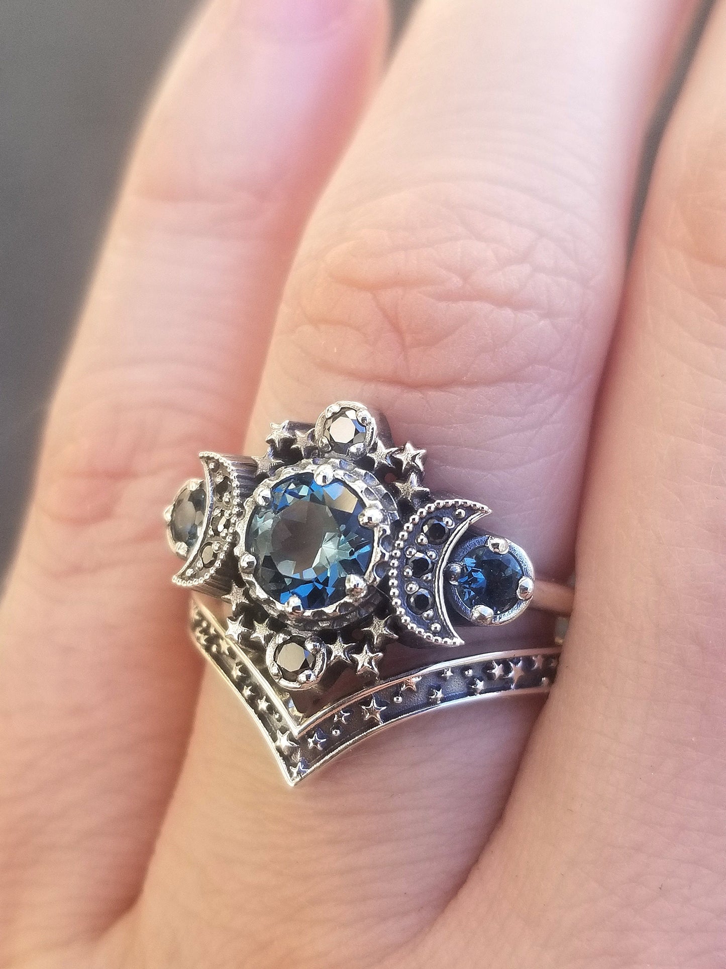 Load image into Gallery viewer, Ready to Ship Size 6 - 8 - London Blue Topaz Cosmos Moon Engagement Ring Set Triple Moon Goddess Silver Ring with Stardust Chevron Band
