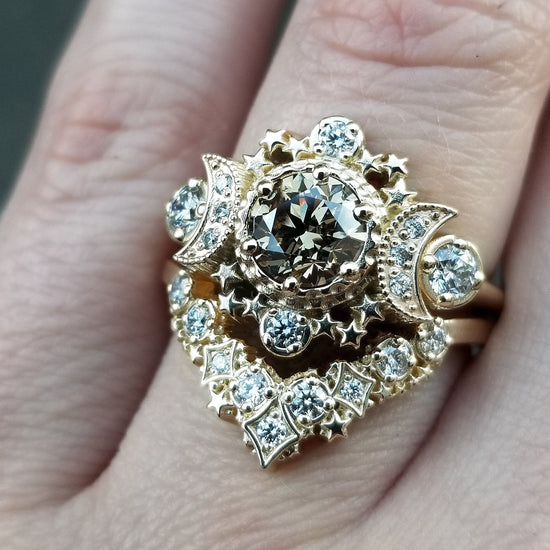 Champagne Diamond Engagement Ring Set - Celestial Bohemian Crescent Moon Ring with Stardust Diamond Chevron Wedding Band - 14k Yellow Gold