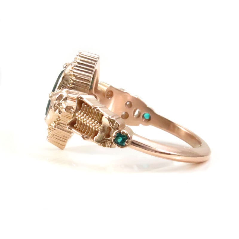 Load image into Gallery viewer, Gothic Emerald Skeleton Engagement Ring- 14k Rose Gold - Catacomb Collection Wedding Ring - Chatham Gems
