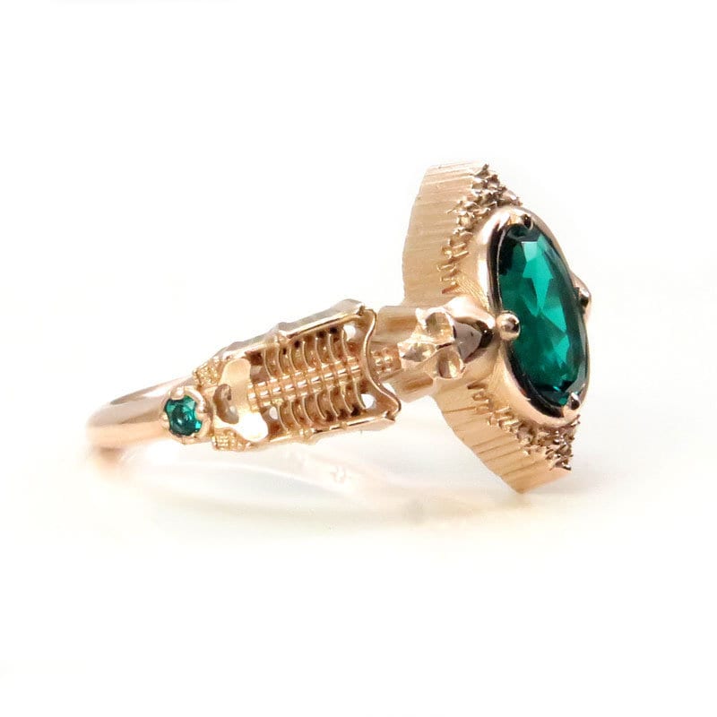 Gothic Emerald Skeleton Engagement Ring- 14k Rose Gold - Catacomb Collection Wedding Ring - Chatham Gems