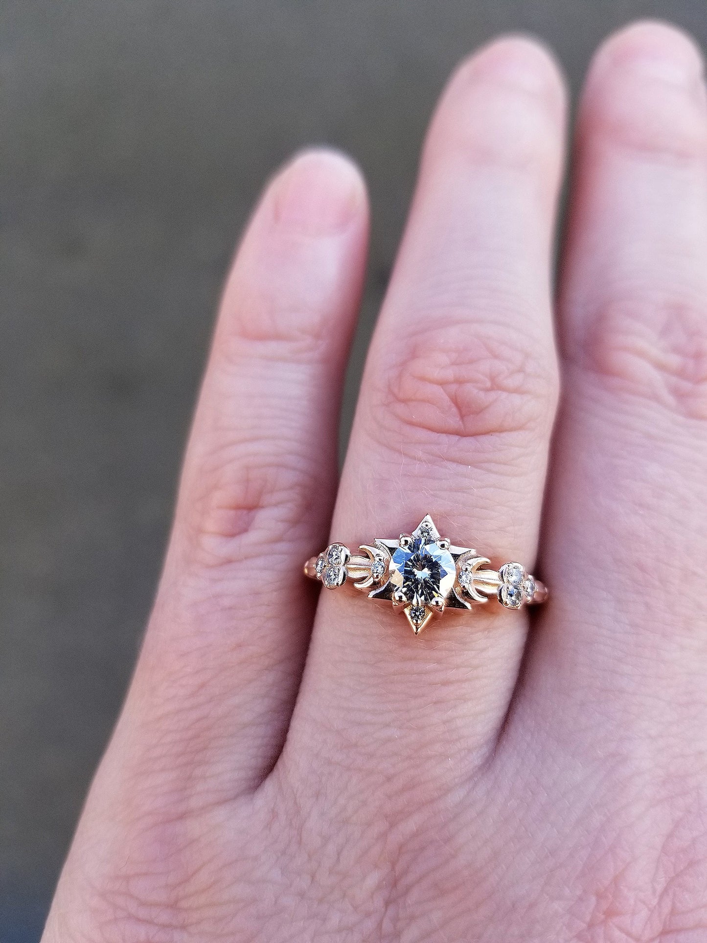 Load image into Gallery viewer, Celestial Engagement Ring - Stars Clouds and Crescent Moons - Pick Your Center Stone - Custom Modern Lunar Diamond Gold Ring
