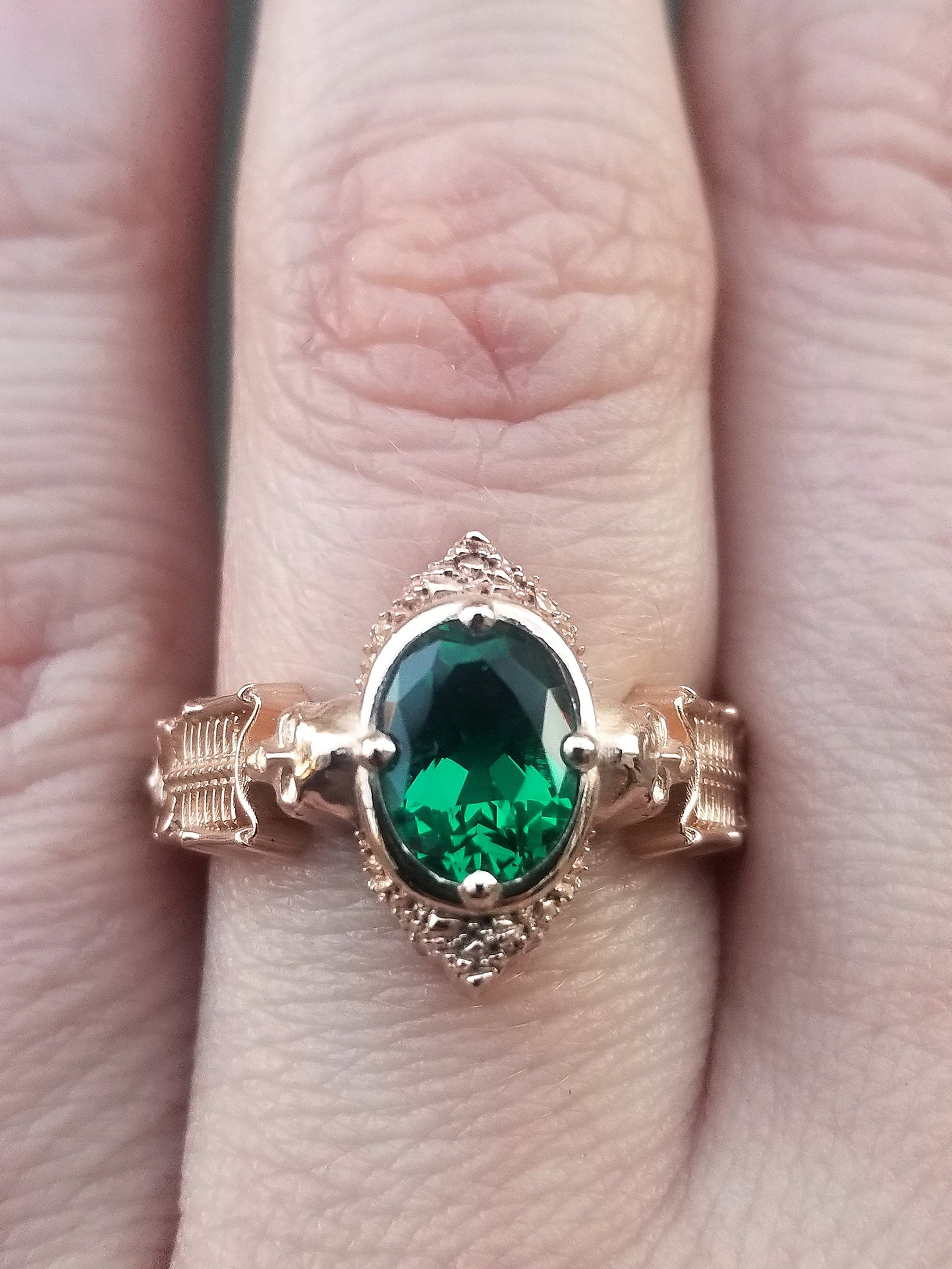 Load image into Gallery viewer, Gothic Emerald Skeleton Engagement Ring- 14k Rose Gold - Catacomb Collection Wedding Ring - Chatham Gems
