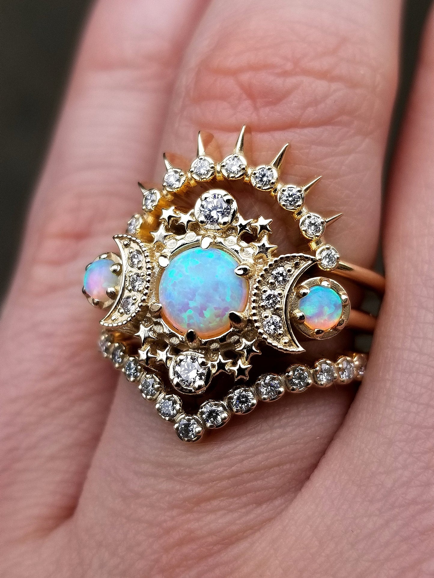 Opal Moon Celestial Engagement 3 Ring Set with Crescent Moons, Stars and Diamonds - Boho Pagan Wedding Set - 14k Yellow Gold