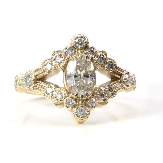 Oval Diamond Split Shank Engagement Ring Leaf Art Deco with Diamonds and Milgrain - 14k Yellow Gold White or Light Yellow Diamond