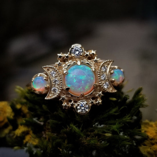 Load image into Gallery viewer, Chatham Opal Cosmos Moon Witchy Engagement Ring - Palladium White Gold Celestial 3 Stone Diamond Stardust Ring -Unique Fine Jewelry
