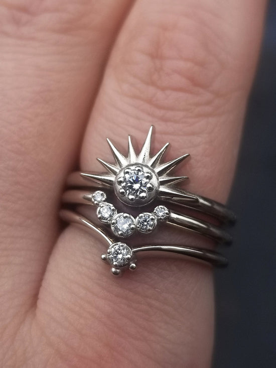 Sun Moon and Stars Stacking Ring Set - Sunburst with Diamond and Crescent Moon Engagement Rings