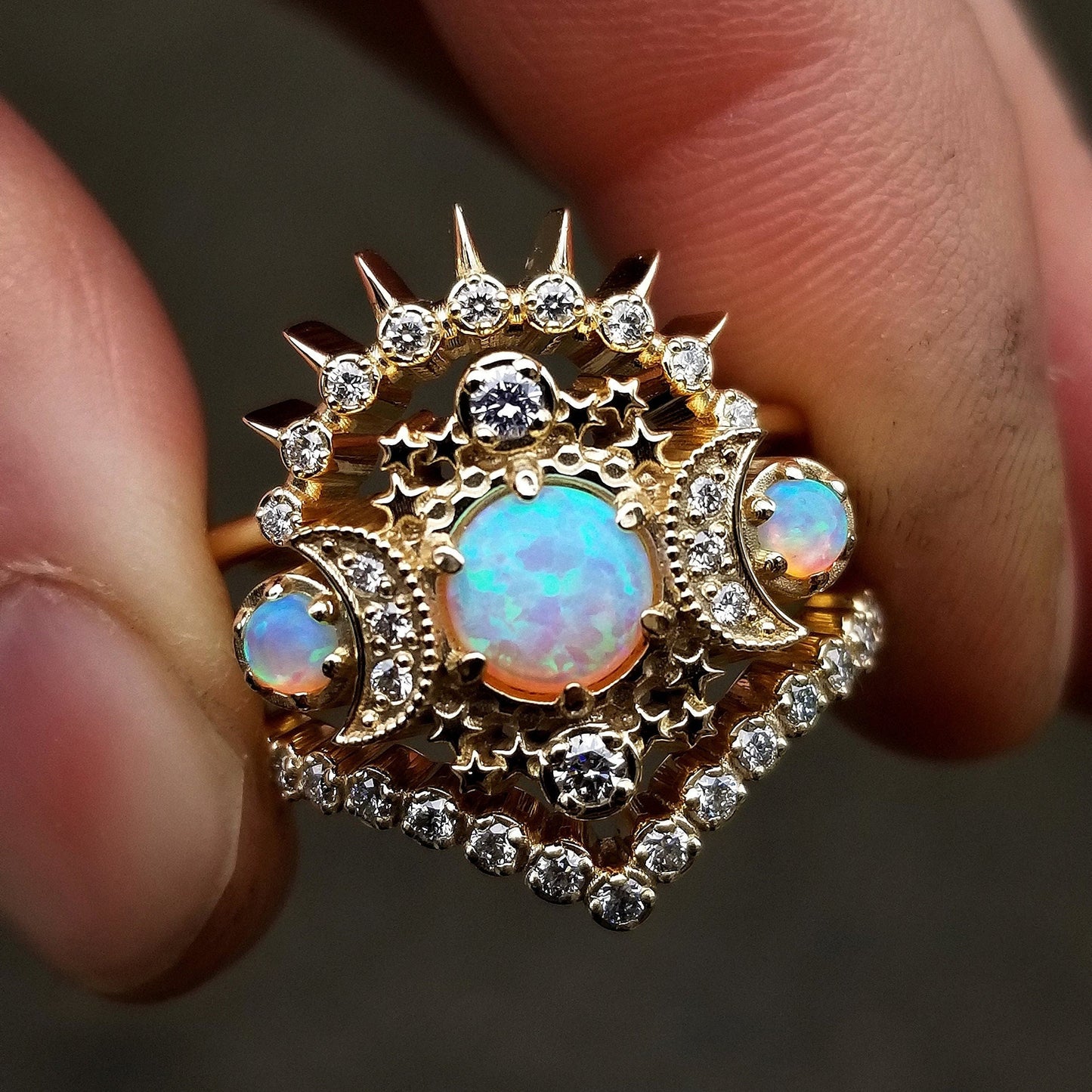 Load image into Gallery viewer, Opal Moon Celestial Engagement 3 Ring Set with Crescent Moons, Stars and Diamonds - Boho Pagan Wedding Set - 14k Yellow Gold
