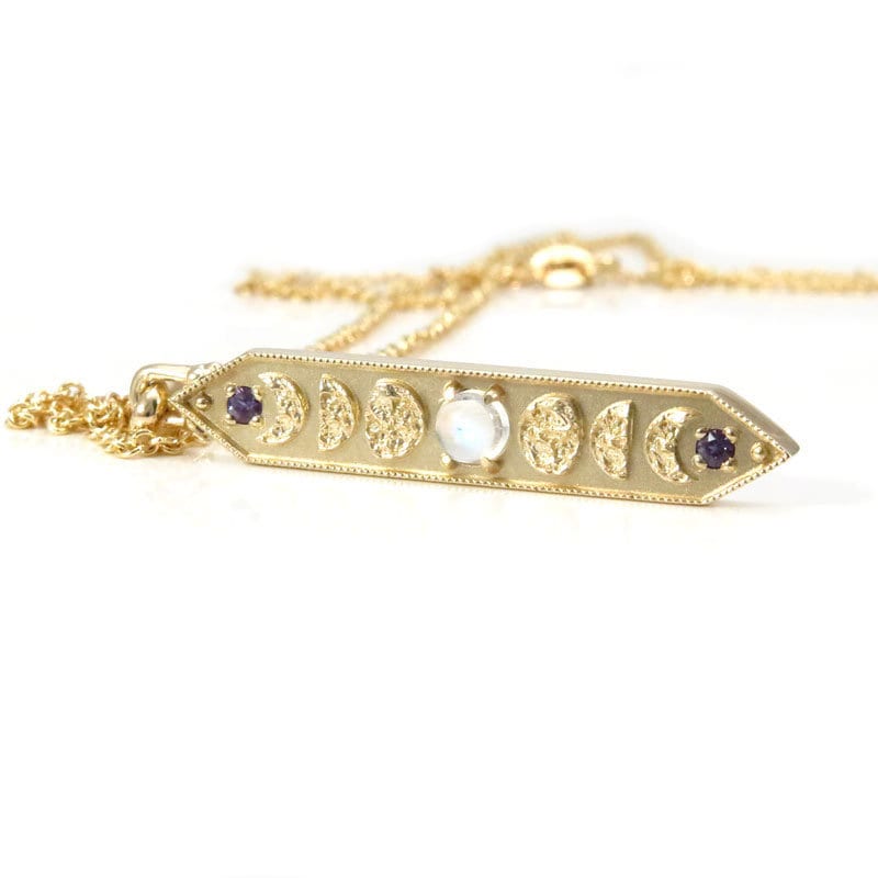 14k Yellow Gold and Moonstone Moon Phase Bar Pendant with Alexandrite - Lunar Bohemian Necklace