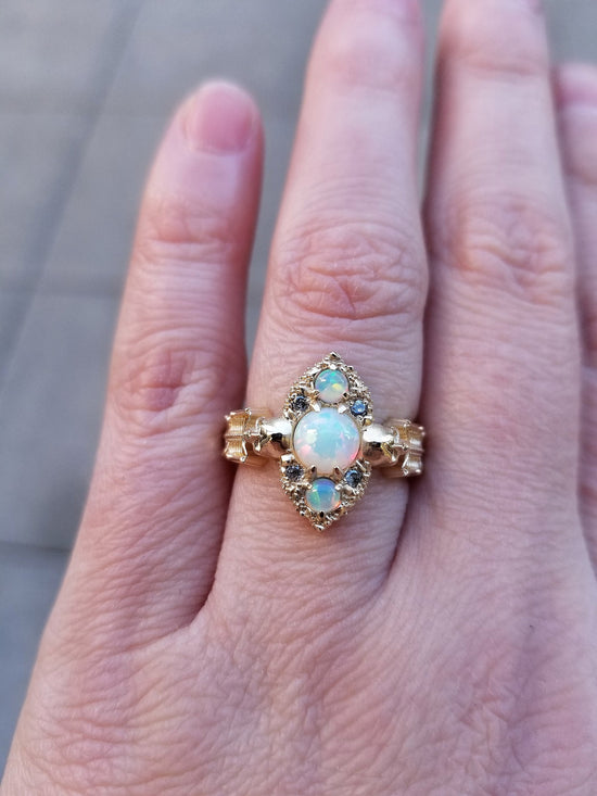 Gothic Skeleton Engagement Ring with Chatham Opals and Diamonds - 14k Yellow Gold - Grunge Alternative Wedding Promise Ring Memento Mori